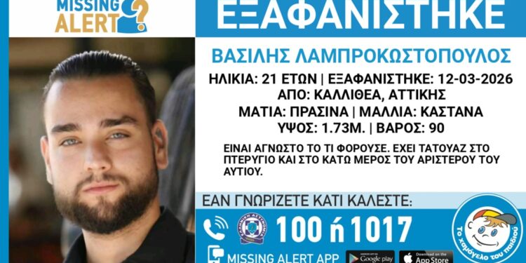Καλλιθέα: Συναγερμός για την εξαφάνιση 21χρονου άντρα – Φόβοι για τη ζωή του